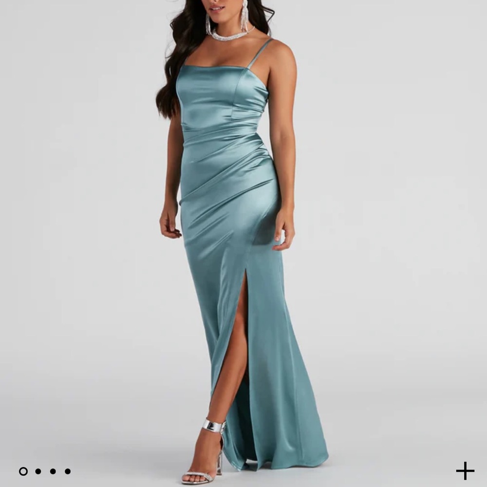 Blue Satin Formal Ruched Maxi Sleeveless Dress